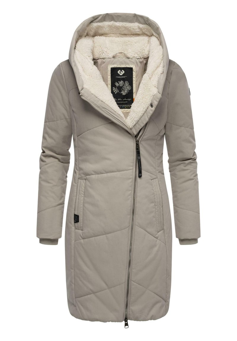 Light grey padded coat with a textured, fleece-lined hood and interior. Features a front zipper and two side pockets.