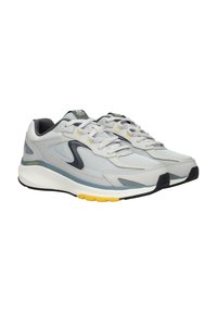Gray athletic shoes featuring a mesh and synthetic upper, rubber sole, with yellow accents and a thick midsole for cushioning.