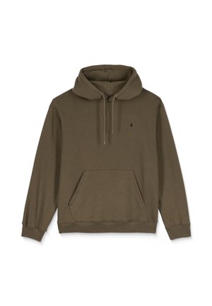 Bluza z kapturem w oliwkowym kolorze, wykonana z miękkiego materiału, z kieszenią typu kangur i regulowanymi sznurkami na kapturze.