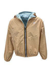 Giacca beige chiaro con zip frontale, polsini elasticizzati e cappuccio foderato in tessuto azzurro. Presenta un logo sul lato sinistro del petto.