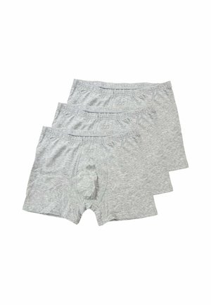 Tre paia di boxer in cotone grigio tinta unita impilati, che mostrano la parte anteriore con elastici in vita e dettagli di cucitura.