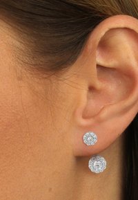 Boucles d'oreilles en argent avec un design en cluster composé de deux formes circulaires, l'une plus grande que l'autre, ornées d'accents scintillants.