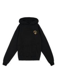 Felpa nera in cotone con tasca a marsupio. Presenta un logo ricamato in oro sul lato sinistro del petto. Vestibilità ampia con cappuccio.