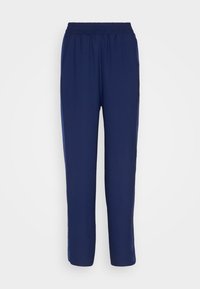 Pantalon à taille élastique bleu marine avec une coupe droite, fabriqué dans un tissu doux à texture lisse, comprenant des poches latérales.