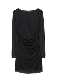 Schwarzes langärmliges Kleid mit quadratischem Ausschnitt, das an der Vorderseite Raffung und verstreute glitzernde Akzente im gesamten Stoff aufweist.