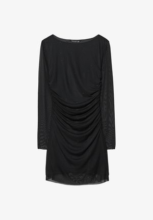 Čierne šaty s dlhým rukávom a štvorcovým výstrihom, so zjemnením vpredu a roztrúsenými lesklými akcentmi po celej tkanine.