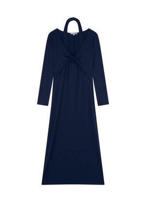 Navyblauwe, lange mouw jurk met halterhals en een gedraaide knoopdetail bij de taille, gemaakt van gladde, zachte stof.