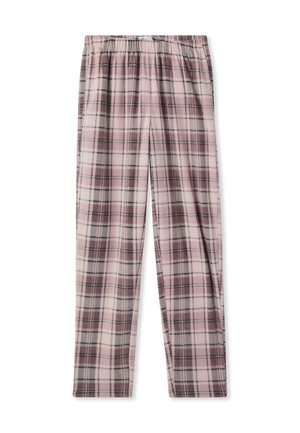 Pantaloni a quadri rosa con cintura elastica. Il tessuto presenta una consistenza morbida con righe nere e rosa scuro che formano un motivo a griglia.