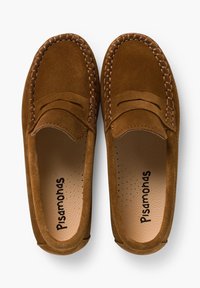 Braune Wildlederslipper mit einem gesteppten Design und einem geschlitzten Akzent im Obermaterial. Das Innere verfügt über eine strukturierte Einlegesohle mit dem Markennamen.