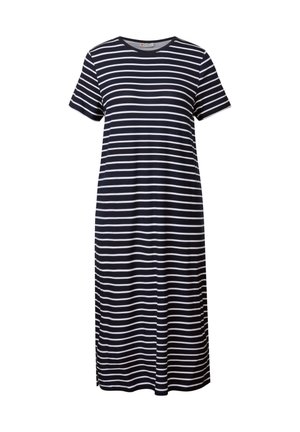 Marineblauw en witte gestreepte jurk, met korte mouwen, ronde hals, knie-lengte, gemaakt van zachte katoen, met zijsplitten voor gemakkelijke beweging.