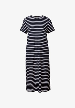 Marineblauw en witte gestreepte jurk, met korte mouwen, ronde hals, knie-lengte, gemaakt van zachte katoen, met zijsplitten voor gemakkelijke beweging.