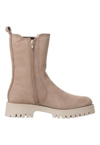 Beige enkelboots met een gladde leren afwerking, zijritsclosure en een chunky witte rubberen zool met een profielpatroon.