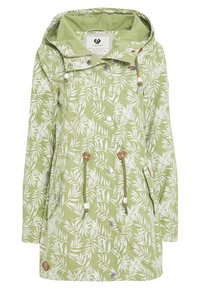 Ljust grön, mönstrad jacka med vita bladdesigner, huva, dragsko i midjan, silverknappar och bruna accenter. Blandad bomullstyg.