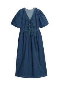Denim jurk met korte pofmouwen, v-hals en gestikte voorkant. A-lijn silhouet, donkerblauwe kleur en een gladde stofstructuur.