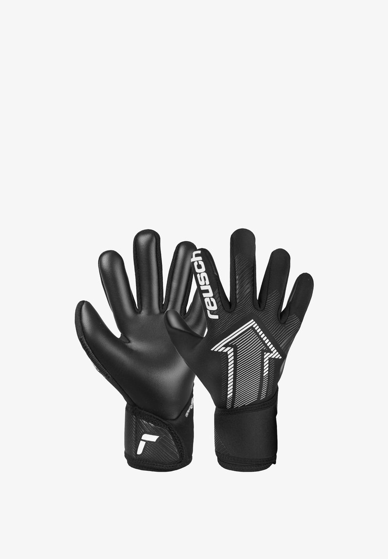 Black goalkeeper gloves with a smooth texture, featuring a white logo and arrow design on the backhand. Elastic wristband for secure fit.