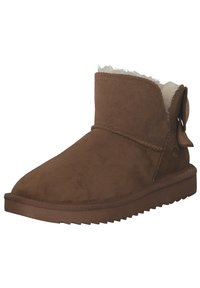 Brown suede ankle boot with soft faux fur lining, rounded toe, and a textured rubber sole. Features a back bow detail and minimal stitching.