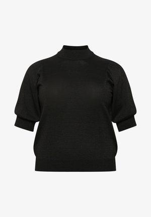 Black knitted sweater featuring a high neck, short puff sleeves, and a textured finish with subtle metallic threads.