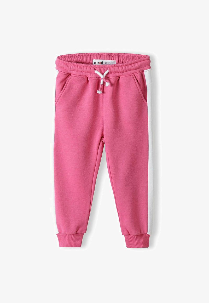 Rozā sporta bikses ar baltām sānu svītrām, elastīgu jostasvietu, auklas detaļu un piešūtām potītēm. Mīksta auduma ar divām sānu kabatām.