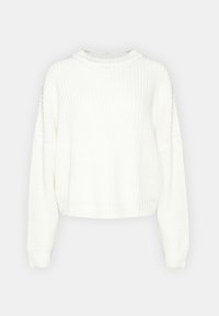 Maglione bianco a maglia con maniche lunghe, polsini e orlo a coste, e collo rotondo, mostrato su uno sfondo neutro.