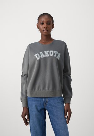 Felpa grigia con la scritta "DAKOTA" in lettere a contrasto, scollo rotondo, maniche lunghe e polsini e orlo a costine. Indossata con jeans blu.