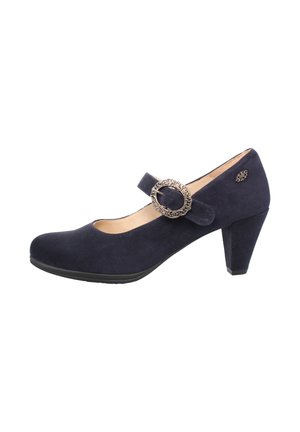 Marineblaue Wildleder-Mary-Jane mit rundem Zehenbereich, dekorativer Blumen-Schnalle am Riemen und mittelhohem Blockabsatz.