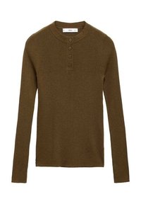 Pull long à manches longues de couleur vert olive foncé avec une texture côtelée, présentant un col rond et une patte de boutonnage à quatre boutons au niveau du col.