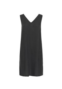 Schwarzes ärmelloses Kleid mit einem V-Ausschnitt. Glatter Stoff mit einem lockeren Schnitt, der seitliche Schlitze für erleichterte Bewegungen aufweist.