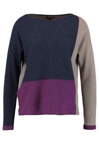 Sweter dzianinowy w ciemnym niebieskim, beżowym i purpurowym kolorze. Posiada okrągły dekolt i długie rękawy z wzorem kolorowych bloków. Miękka faktura.
