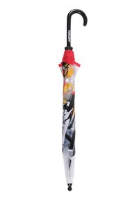 Parapluie transparent avec un design graphique coloré, présentant une poignée en croc noire et des accents rouges près du sommet.