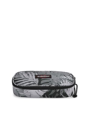 Trousse à crayons rectangulaire noire et grise avec fermeture éclair, motif feuilles tropicales et logo Eastpak sur le dessus.