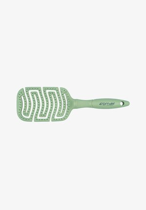 Grüner Kunststoff-Haarbürste mit breiter, geschlitzter Form und Griff. Hat ein Zickzack-Design mit Durchlöchern für Luftzirkulation.