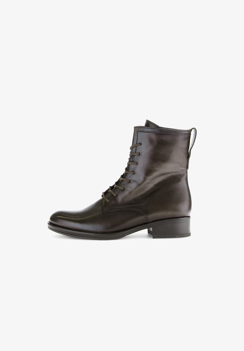Brown leather ankle boots with a rounded toe, lace-up front, and a small heel. Features a pull tab at the back for easy wear.