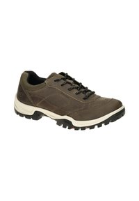Zapato de senderismo marrón impermeable con parte superior de cuero texturizado, cordones negros y una suela de goma blanca con surcos profundos para tracción.