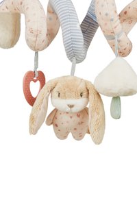 Textile baby toy with soft, pastel-colored plush featuring a floral pattern, bunny figure with long ears, and attached texture elements like a heart teether and cloud.