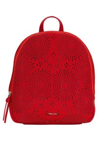 Zaino rosso realizzato in materiale perforato, forma arrotondata, con motivi circolari e manico superiore. Chiusura a zip laterale.