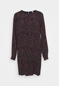 Vestido de manga larga con un estampado floral oscuro que presenta varios colores sobre un fondo negro. Tejido suave con un corte holgado y escote redondo.