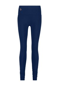 Marineblaue Leggings aus elastischem Material mit hohem Bund und gerafften Knöcheldetails. Die Leggings haben ein kleines orangefarbenes Logo an der Oberseite.