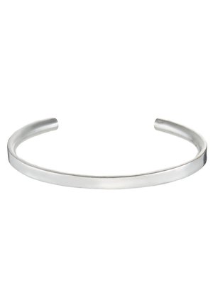 Silver metal cuff bracelet with a smooth, matte finish. Features an open design with rounded edges, allowing for adjustable sizing.