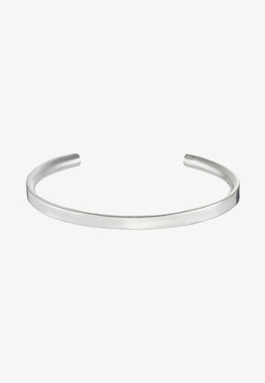 Silver metal cuff bracelet with a smooth, matte finish. Features an open design with rounded edges, allowing for adjustable sizing.