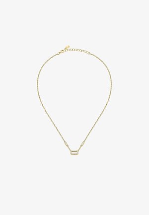 Collana d'oro con una catena delicata e un centrale rettangolare adornato da una fila di piccole pietre trasparenti. Design minimalista, superficie liscia.