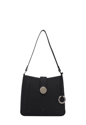 Sac noir en matériau lisse, doté d'une fermeture à bouton argenté arrondi, d'une bandoulière ajustable et d'un détail en anneau attaché.
