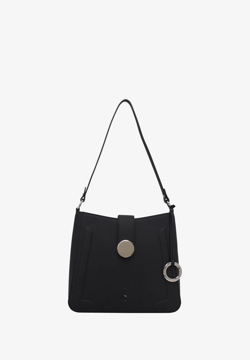 Black handbag made of smooth material, featuring a rounded silver button closure, adjustable strap, and an attached ring detail.