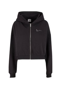 Felpa nera corta, realizzata in materiale morbido, con zip frontale, polsini a costine e un piccolo logo bianco sul lato sinistro del petto.