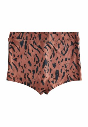 Kurze Schwimmshorts in rostfarben mit einem schwarzen Tiermuster. Hergestellt aus glattem Stoff mit einem elastischen Bund und flachen Nähten.