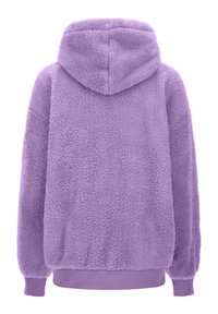 Purple fleece hoodie with a soft, textured surface, featuring a hood and elastic cuffs. Simple design without patterns or visible hardware.