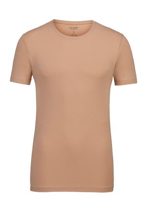 Kurzärmliges T-Shirt in hellbeige, aus weichem Stoff, mit Rundhalsausschnitt und körpernahem Schnitt. Keine Muster oder zusätzlichen Akzente.