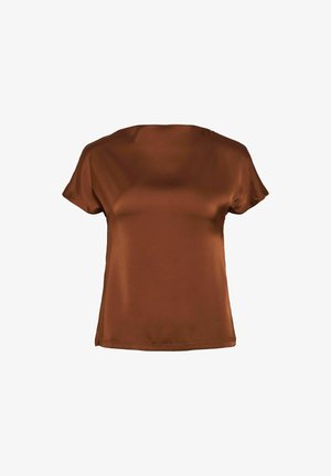 Haut marron à manches courtes en tissu lisse. Il présente un col rond et un ourlet droit avec des détails de couture minimaux.