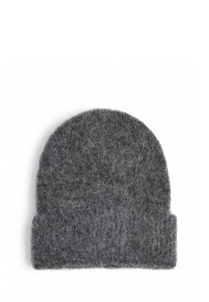 Gray felt beanie with a soft, textured surface. Rounded top and folded cuff design. Material appearance is fuzzy and warm.