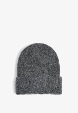 Grijze wollen beanie met een zachte, gestructureerde oppervlakte. Rond bovenkant en opgerolde boord. Het materiaal heeft een vlezige en warme uitstraling.