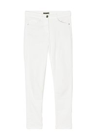 Witte denim jeans met een slim fit, voorzien van een vijf-pocketdesign, een ritsluiting en zwarte hardwareaccenten aan de voorkant voor het vastmaken.